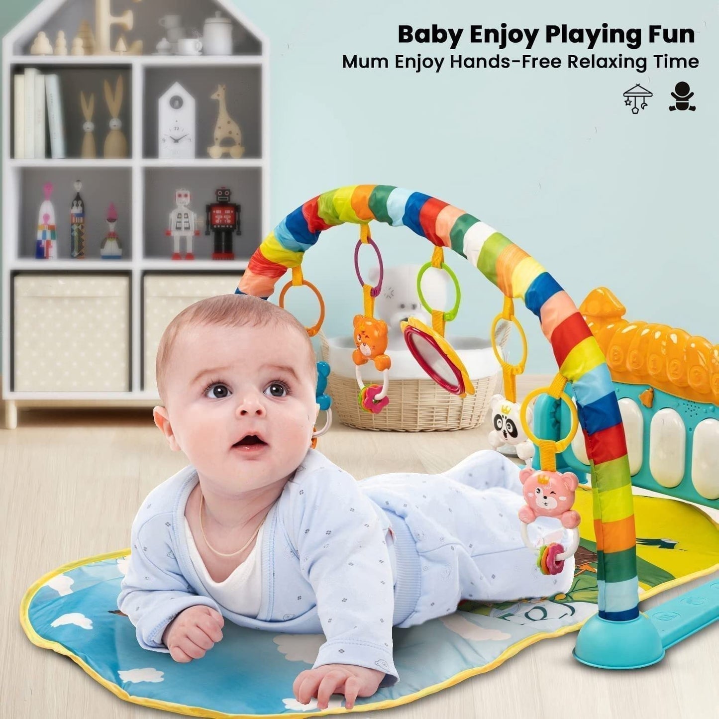 Kick & Play Baby Piano Gym and Fitness Rack with Music & Lights, 4-in-1 Play Mat for Newborn to 36 Months