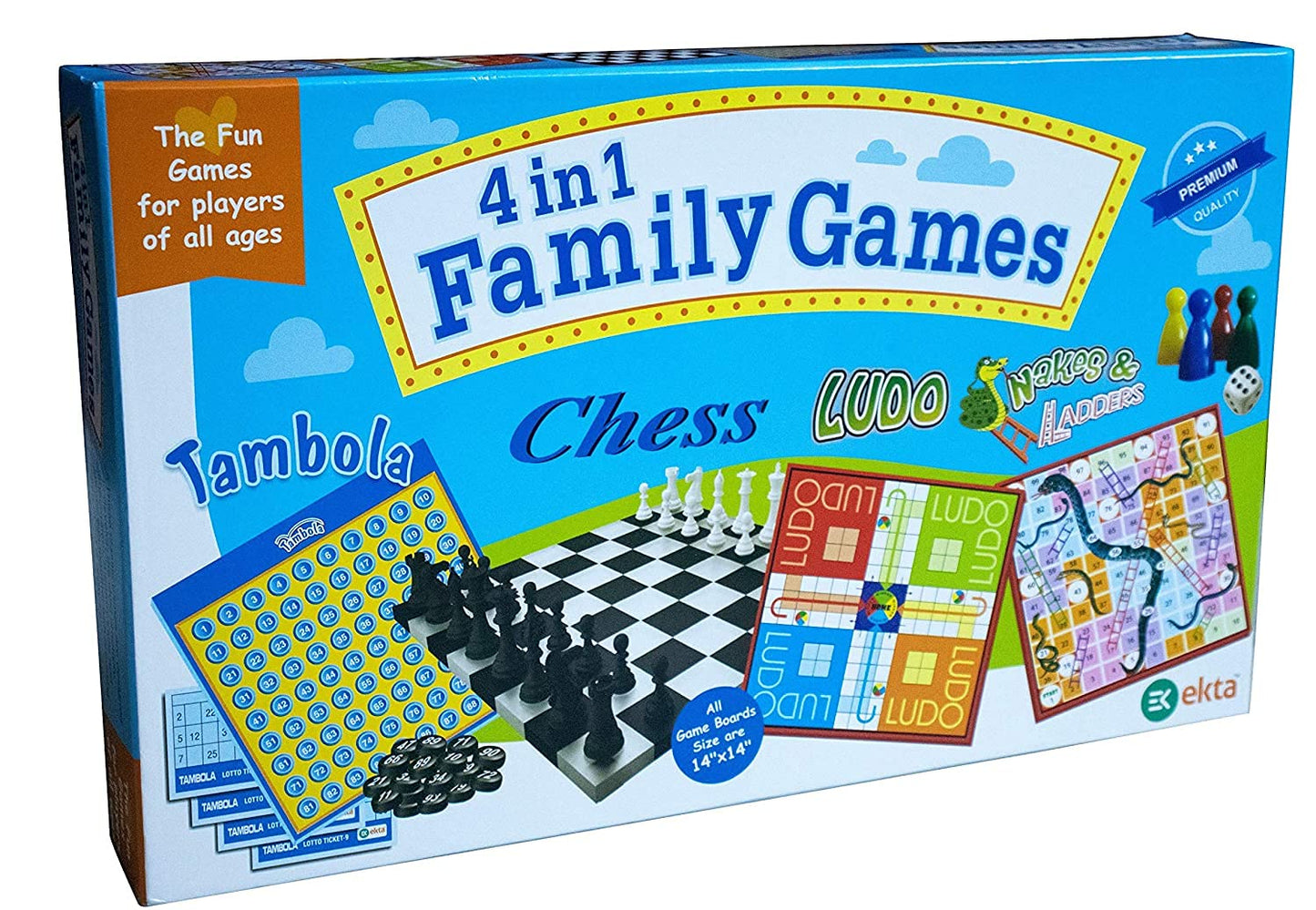 4-in-1 Family Strategy Board Game Set — Tambola, Chess, Ludo & Snakes & Ladders, Educational Fun Game for All Ages, 14"x14" Boards