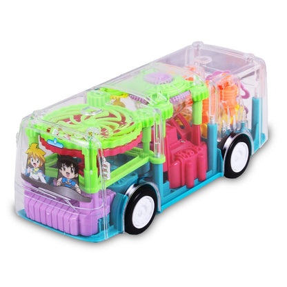 Transparent Shell Gear Light Bus Toy for Kids with 360° Rotation, Mechanical Gear Simulation, 3D Flashing Lights, Bump-and-Go Action, Educational Gift for Boys & Girls