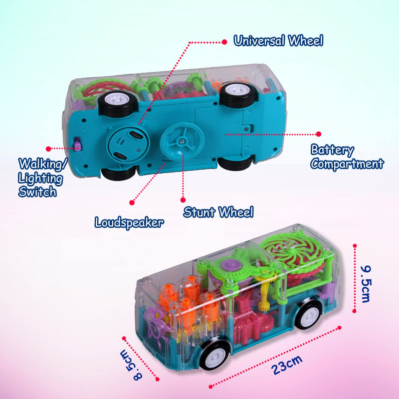 Transparent Shell Gear Light Bus Toy for Kids with 360° Rotation, Mechanical Gear Simulation, 3D Flashing Lights, Bump-and-Go Action, Educational Gift for Boys & Girls