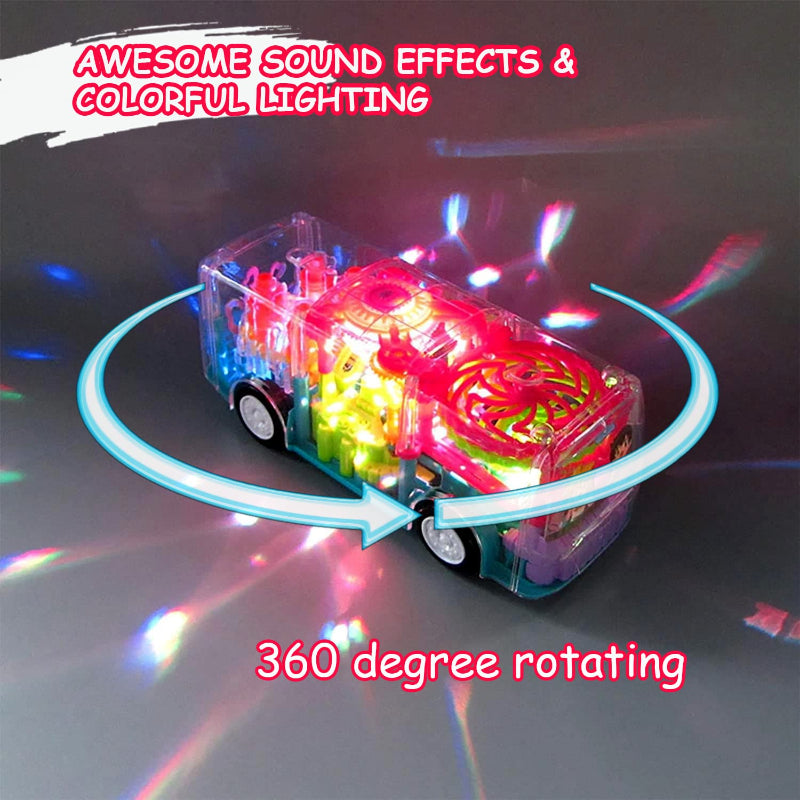 Transparent Shell Gear Light Bus Toy for Kids with 360° Rotation, Mechanical Gear Simulation, 3D Flashing Lights, Bump-and-Go Action, Educational Gift for Boys & Girls