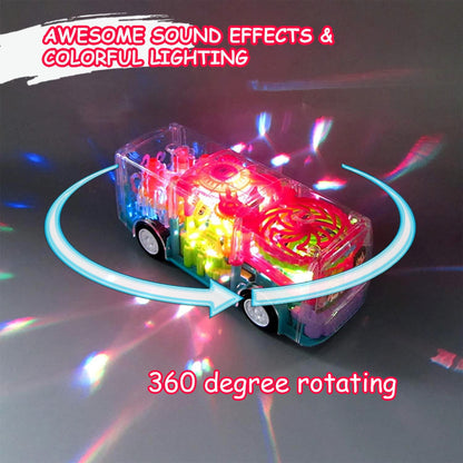 Transparent Shell Gear Light Bus Toy for Kids with 360° Rotation, Mechanical Gear Simulation, 3D Flashing Lights, Bump-and-Go Action, Educational Gift for Boys & Girls