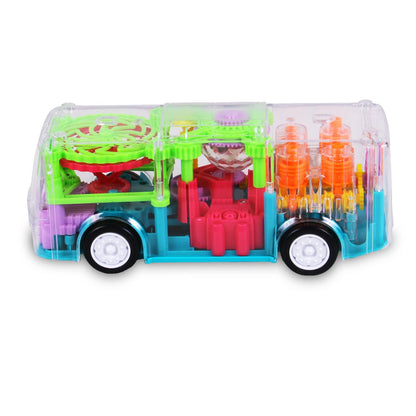 Transparent Shell Gear Light Bus Toy for Kids with 360° Rotation, Mechanical Gear Simulation, 3D Flashing Lights, Bump-and-Go Action, Educational Gift for Boys & Girls