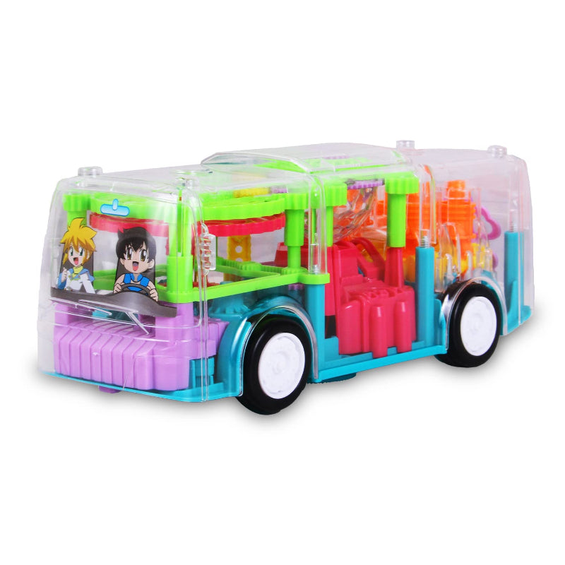Transparent Shell Gear Light Bus Toy for Kids with 360° Rotation, Mechanical Gear Simulation, 3D Flashing Lights, Bump-and-Go Action, Educational Gift for Boys & Girls