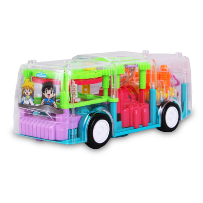 Transparent Shell Gear Light Bus Toy for Kids with 360° Rotation, Mechanical Gear Simulation, 3D Flashing Lights, Bump-and-Go Action, Educational Gift for Boys & Girls