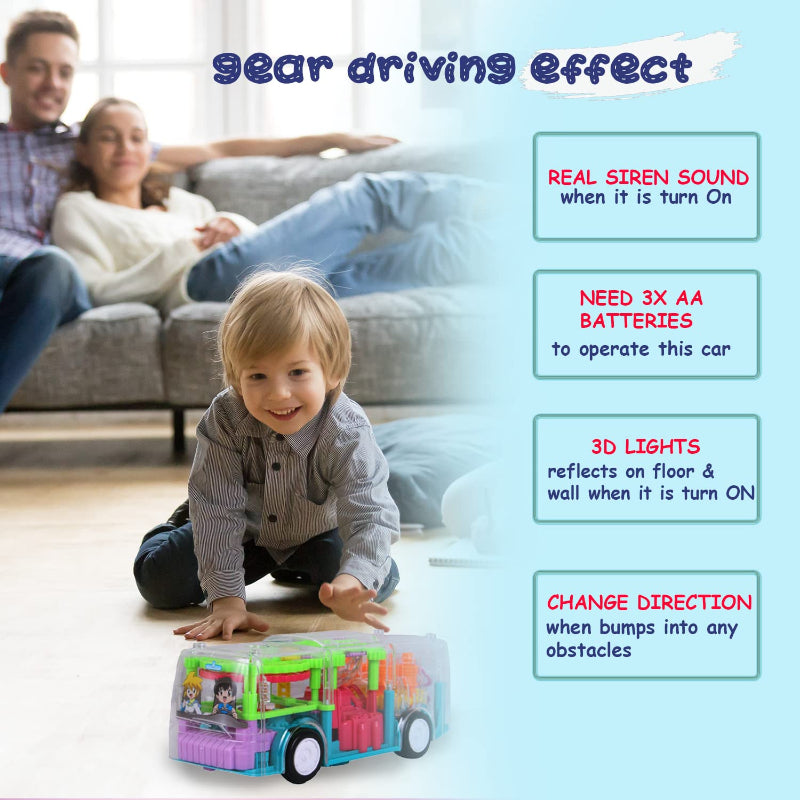 Transparent Shell Gear Light Bus Toy for Kids with 360° Rotation, Mechanical Gear Simulation, 3D Flashing Lights, Bump-and-Go Action, Educational Gift for Boys & Girls