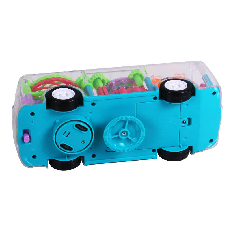 Transparent Shell Gear Light Bus Toy for Kids with 360° Rotation, Mechanical Gear Simulation, 3D Flashing Lights, Bump-and-Go Action, Educational Gift for Boys & Girls