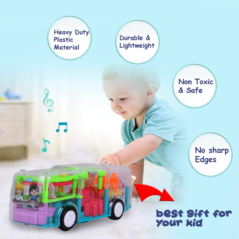 Transparent Shell Gear Light Bus Toy for Kids with 360° Rotation, Mechanical Gear Simulation, 3D Flashing Lights, Bump-and-Go Action, Educational Gift for Boys & Girls