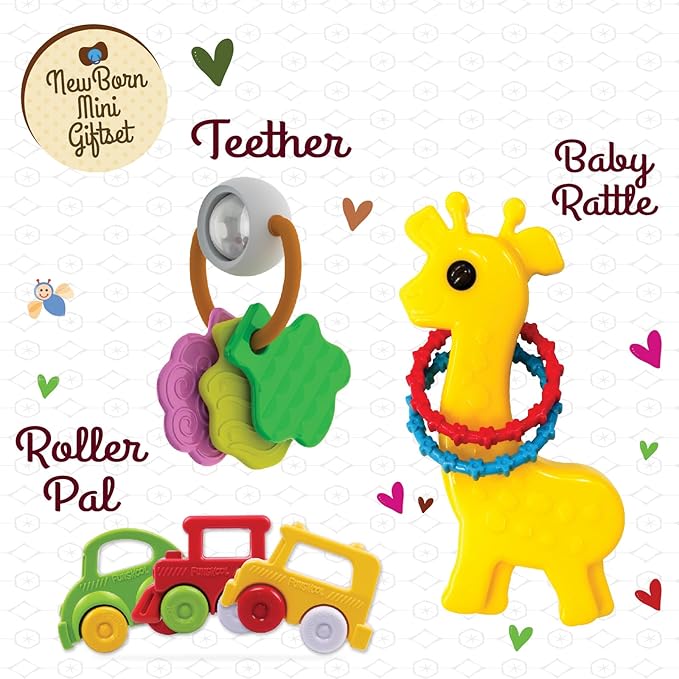 3-in-1 Mini Baby Rattles Gift Set — Giraffe Rattle, Tree-Shaped Teether & Roller Pals, Colorful Sensory Toys for Teething, Gripping & Early Development