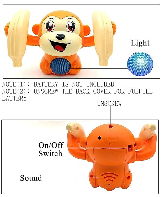 Rolling Banana Monkey Toy for Kids — Voice & Touch Sensor, 360° Spinning, Dancing with Music & Lights, Safe Non-Toxic, Fun Crawling Companion