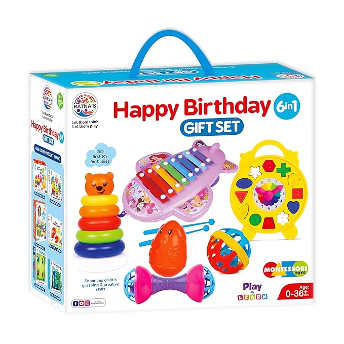 Birthday 6-in-1 Gift Set for Babies & Toddlers (0-36 Months) — Xylophone, Stacking Rings, Puzzle Clock, Rattles, Roly Poly & More, Montessori Early Learning Toy