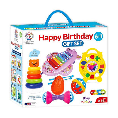 Birthday 6-in-1 Gift Set for Babies & Toddlers (0-36 Months) — Xylophone, Stacking Rings, Puzzle Clock, Rattles, Roly Poly & More, Montessori Early Learning Toy