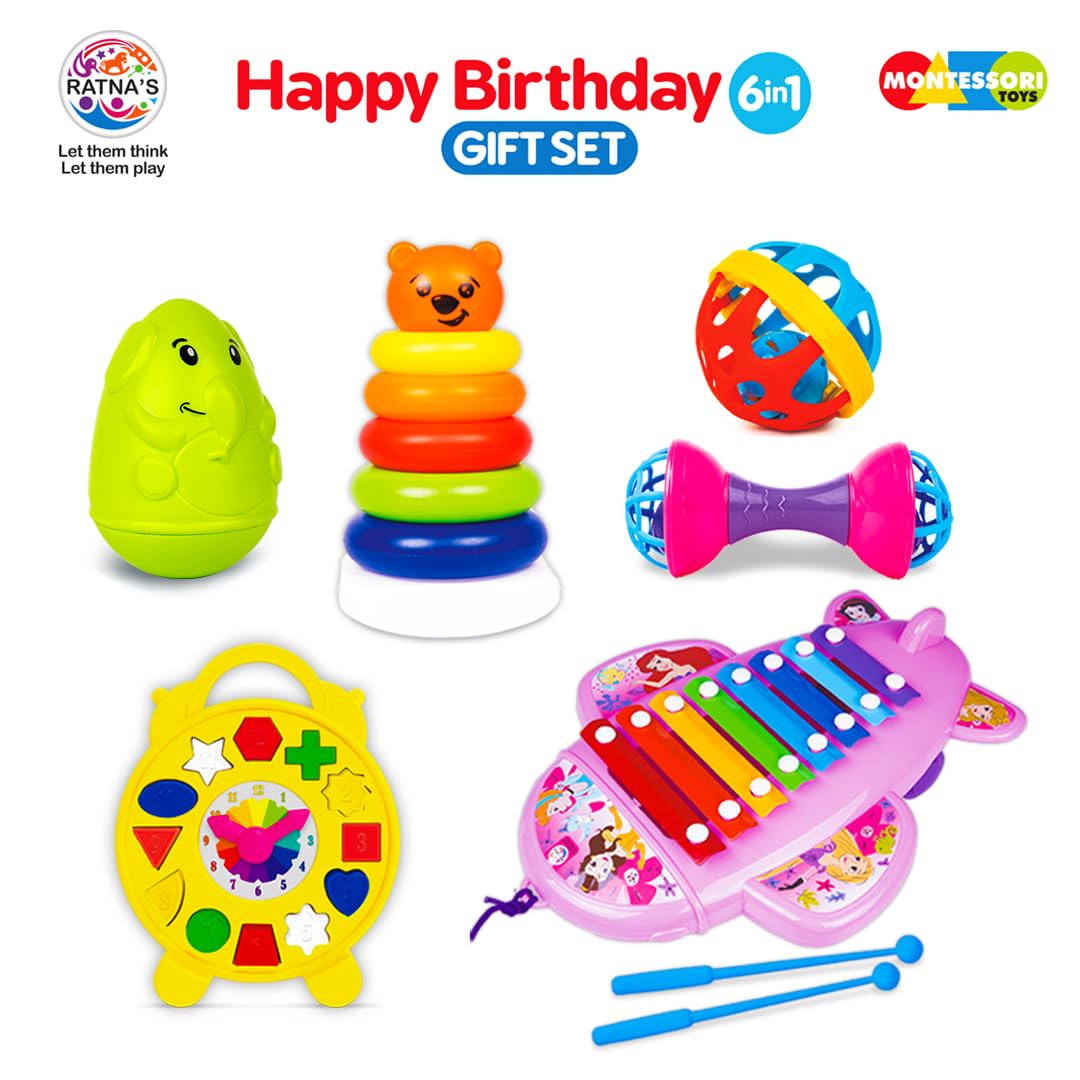 Birthday 6-in-1 Gift Set for Babies & Toddlers (0-36 Months) — Xylophone, Stacking Rings, Puzzle Clock, Rattles, Roly Poly & More, Montessori Early Learning Toy