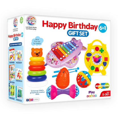Birthday 6-in-1 Gift Set for Babies & Toddlers (0-36 Months) — Xylophone, Stacking Rings, Puzzle Clock, Rattles, Roly Poly & More, Montessori Early Learning Toy