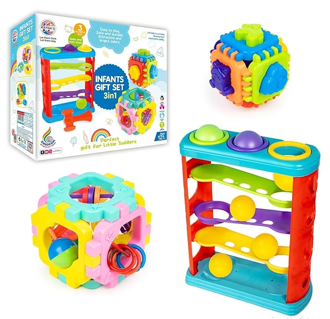 3-in-1 Gift Set for Kids & Toddlers — Hammer Ball, Cubic Rattle & Nursery Cube, Montessori Toy Combo for Fine Motor & Cognitive Development