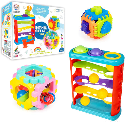3-in-1 Gift Set for Kids & Toddlers — Hammer Ball, Cubic Rattle & Nursery Cube, Montessori Toy Combo for Fine Motor & Cognitive Development