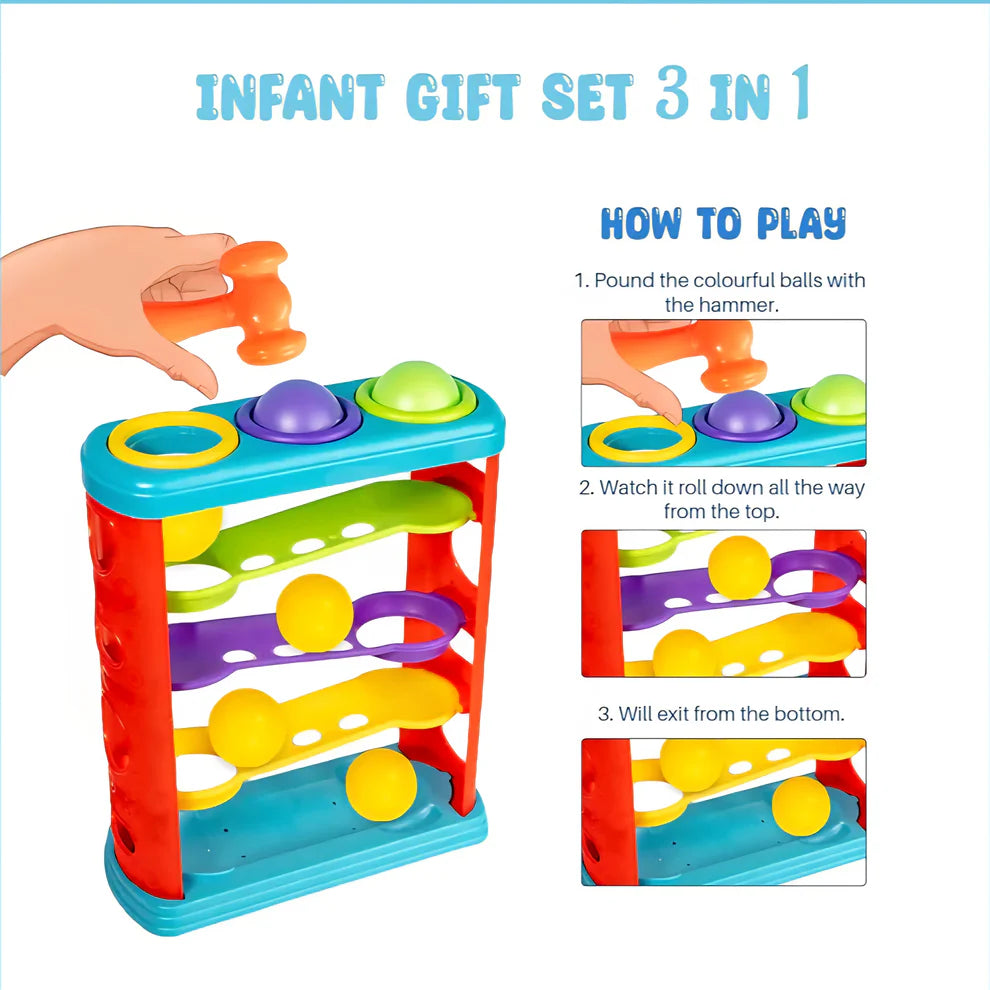 3-in-1 Gift Set for Kids & Toddlers — Hammer Ball, Cubic Rattle & Nursery Cube, Montessori Toy Combo for Fine Motor & Cognitive Development