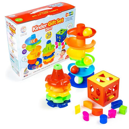 3-in-1 Kinder Gift Set with Stack-N-Spin, Rainbow Spinning Tower & Shape Sorter Cube — Montessori Toys for Preschool Learning, Infants & Toddlers