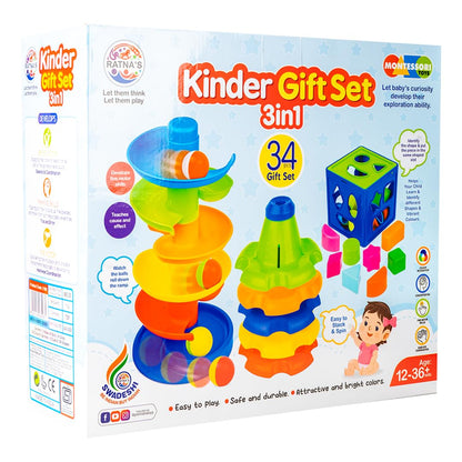 3-in-1 Kinder Gift Set with Stack-N-Spin, Rainbow Spinning Tower & Shape Sorter Cube — Montessori Toys for Preschool Learning, Infants & Toddlers