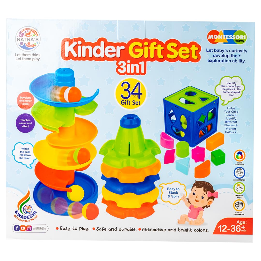 3-in-1 Kinder Gift Set with Stack-N-Spin, Rainbow Spinning Tower & Shape Sorter Cube — Montessori Toys for Preschool Learning, Infants & Toddlers