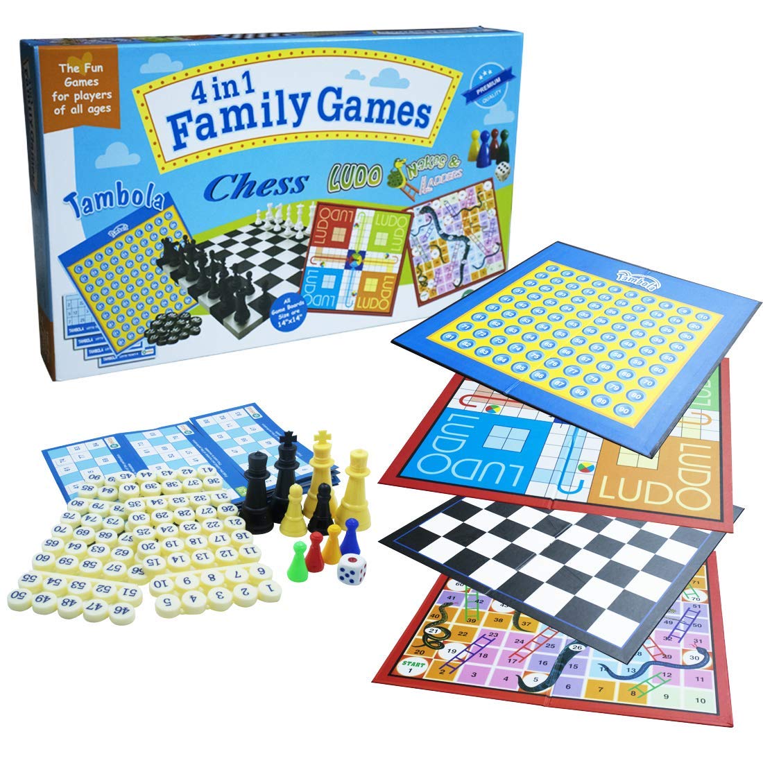 4-in-1 Family Strategy Board Game Set — Tambola, Chess, Ludo & Snakes & Ladders, Educational Fun Game for All Ages, 14"x14" Boards
