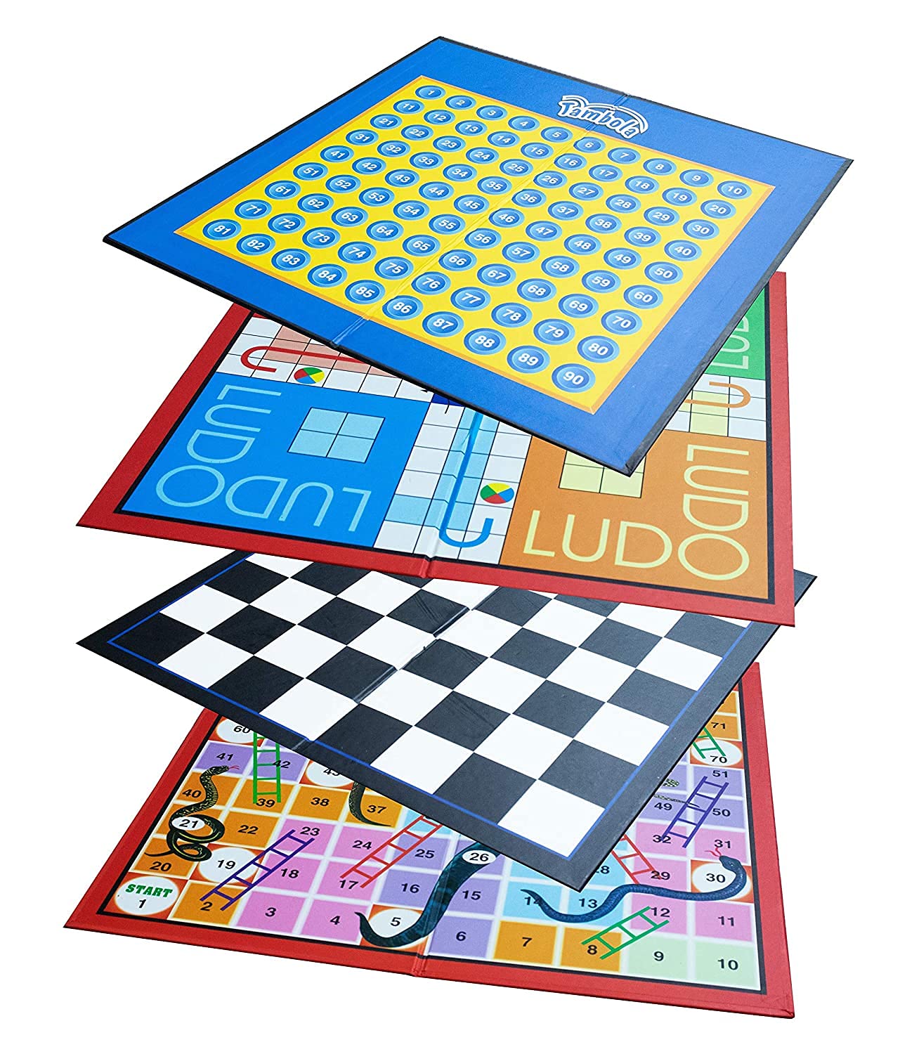 4-in-1 Family Strategy Board Game Set — Tambola, Chess, Ludo & Snakes & Ladders, Educational Fun Game for All Ages, 14"x14" Boards